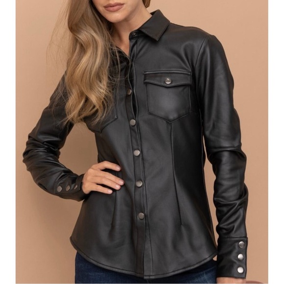 Black Faux Leather Button-Up Shirt - Picture 1 of 3